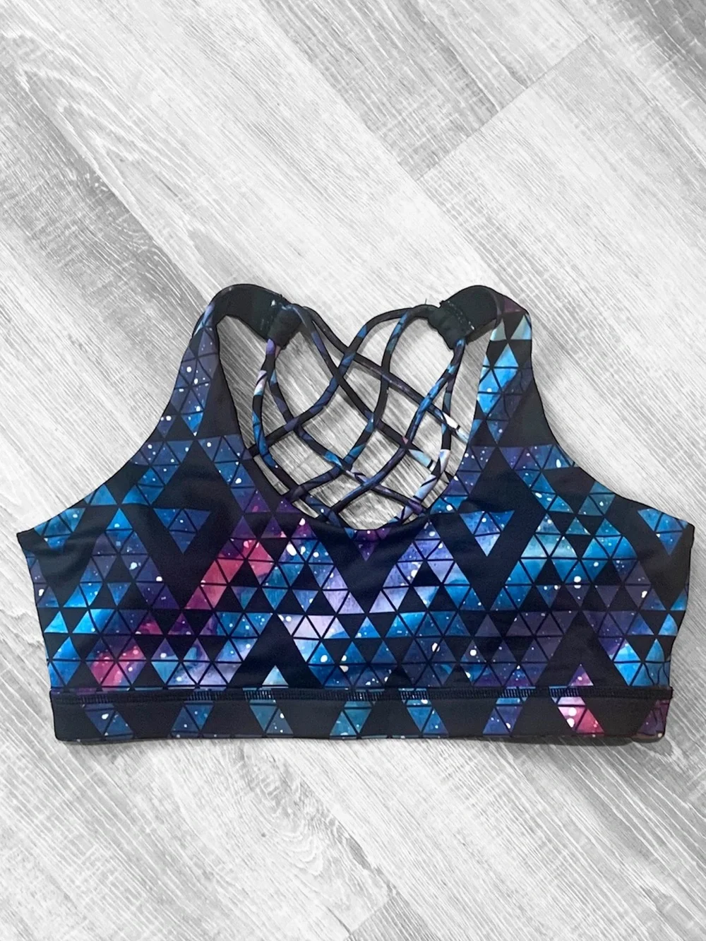 Constantly Varied Gear CVG Sports Bra Stardust Strappy Black Geometric Large L